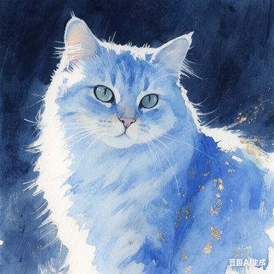 淡蓝色洒金水彩风猫咪