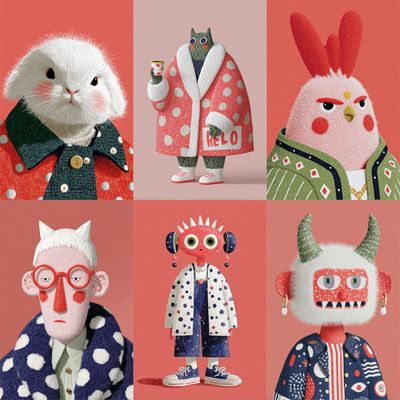 3D泥人毛绒手办混搭创意插画
