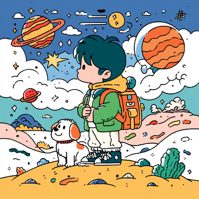 卡通男孩和宠物插画